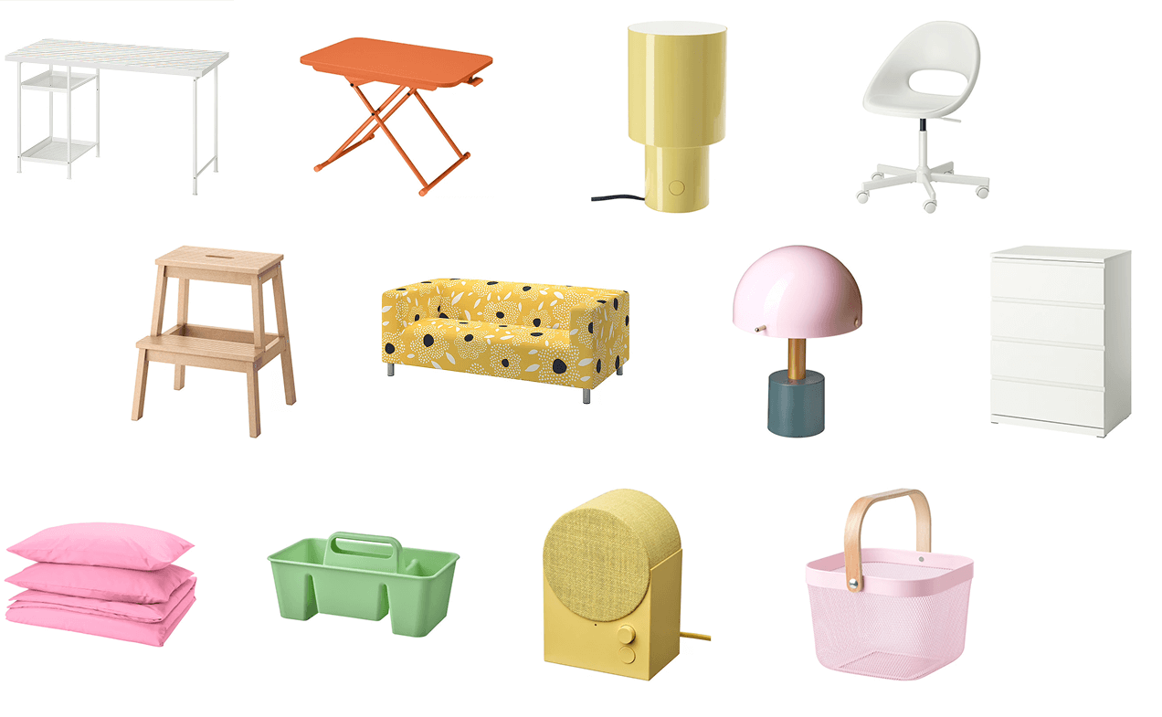 Stylish and colorful IKEA dorm decor product recommendations, including bedding, storage, desk organization, and lighting.
