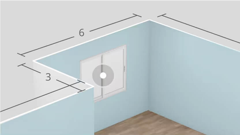 Cropped virtual room configured in IKEA Kreativ with blue walls, wood flooring, and a window. The top of the walls showcase measurements.