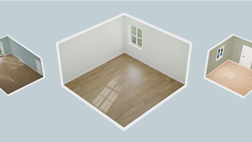 Empty virtual dorm room in IKEA Kreativ with light gray wood flooring, white walls except for a pale blue accent wall, and a window allowing natural light to flow in.