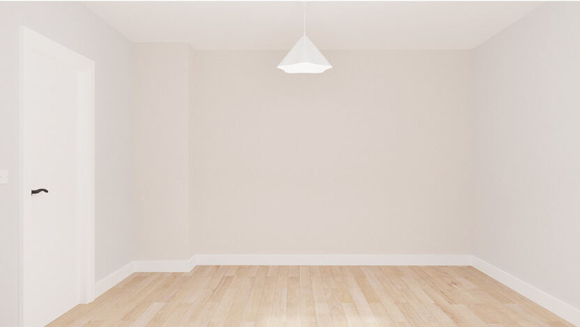 Empty virtual dorm room in IKEA Kreativ with light wood flooring, blush-colored walls, and a white pendant lamp hanging from the ceiling.