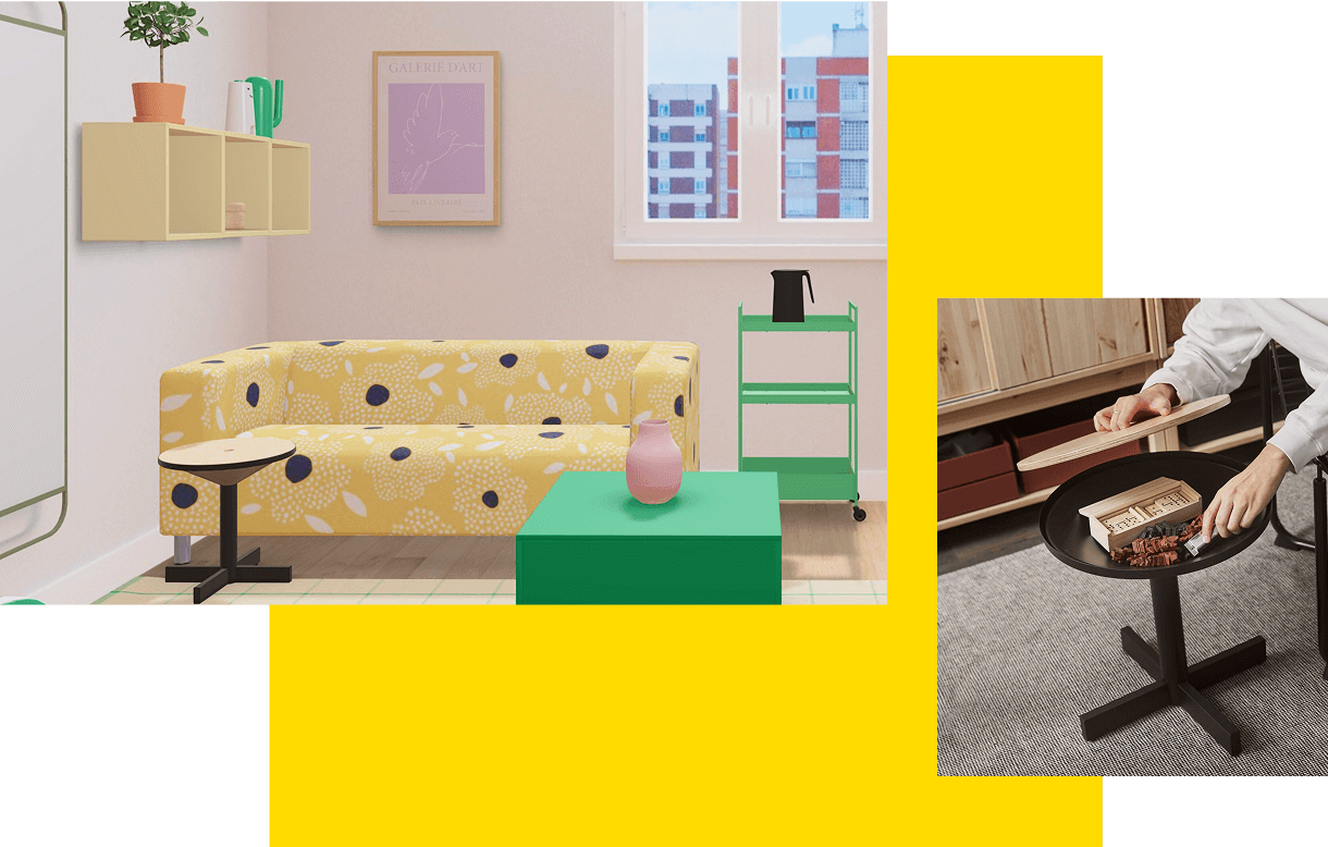 A virtual dorm room seating area in IKEA Kreativ with yellow loveseat, black side table, green coffee table. The top of the table is lifted to reveal hidden storage space.